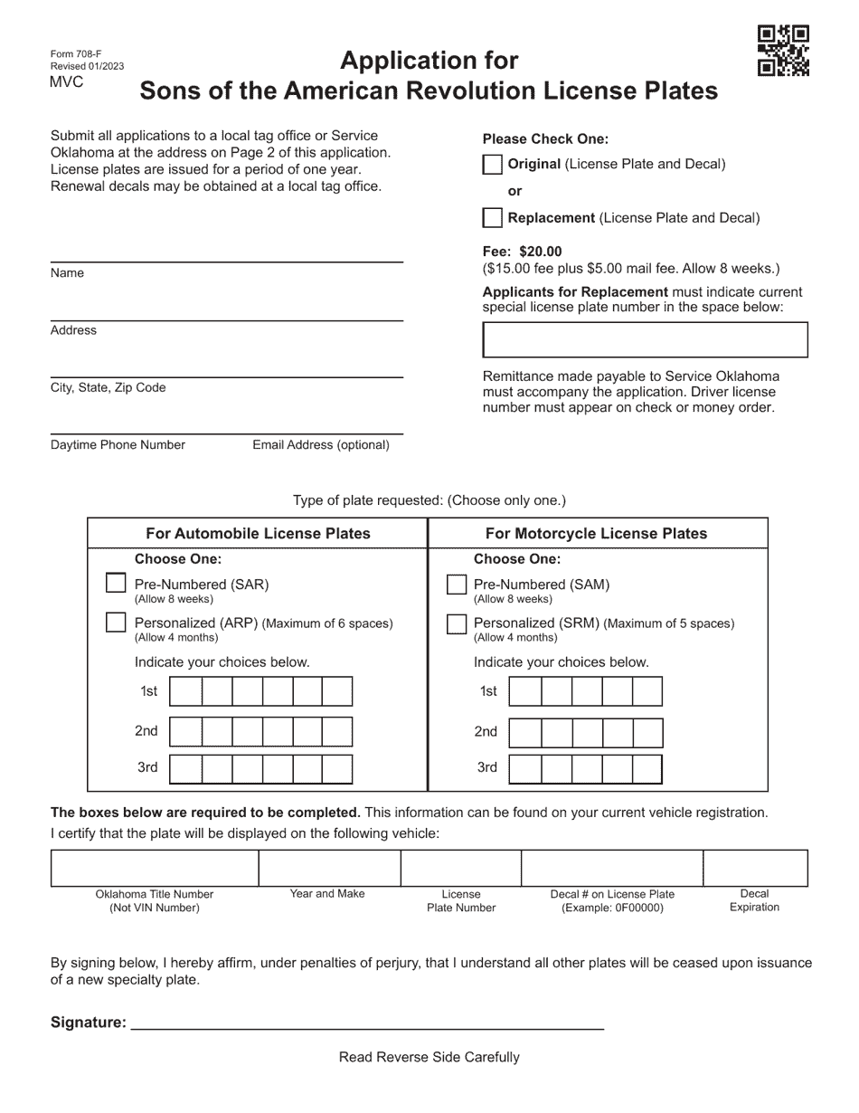 Form 708-F Application for Sons of the American Revolution License Plates - Oklahoma, Page 1