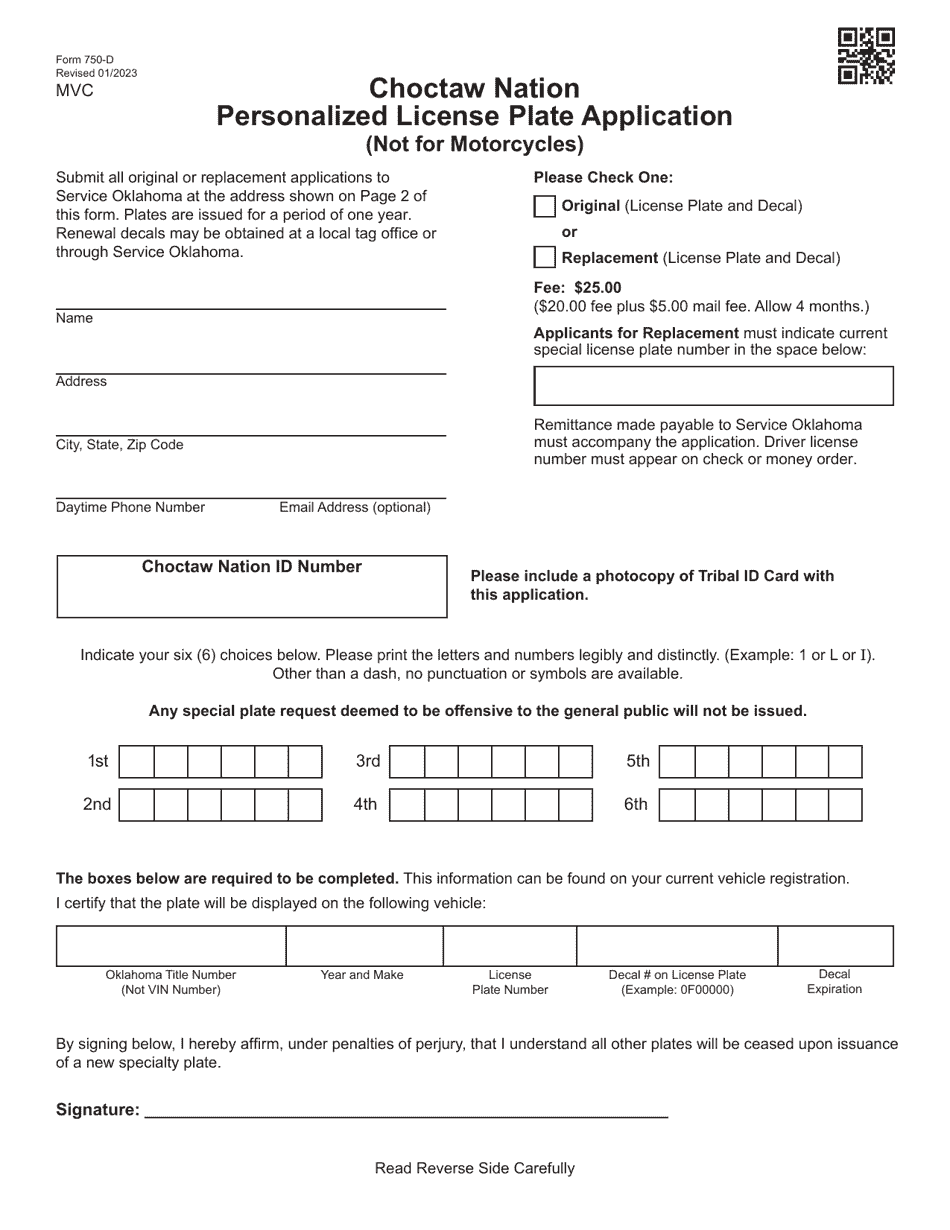 Form 750-D Choctaw Nation Personalized License Plate Application (Not for Motorcycles) - Oklahoma, Page 1