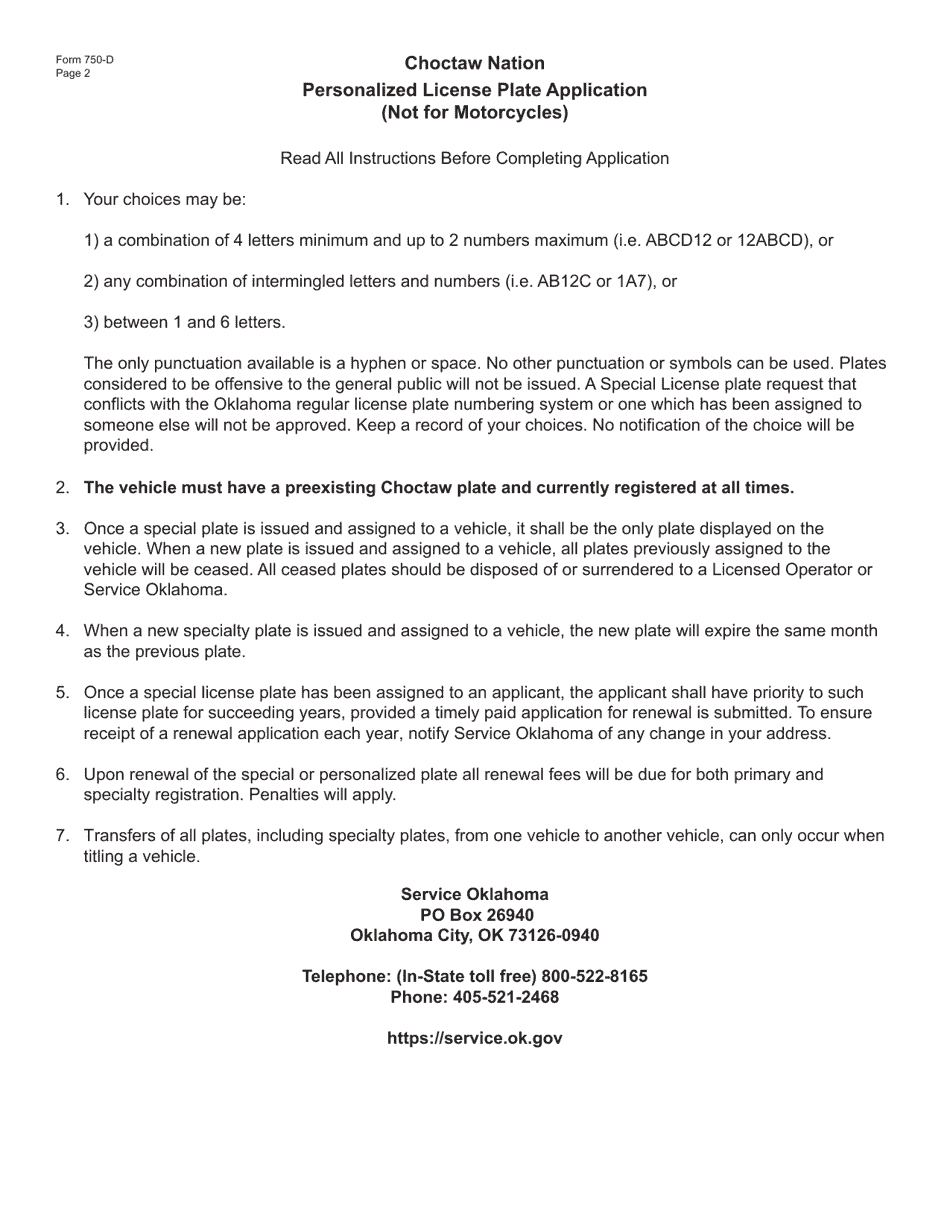 Form 750-D Choctaw Nation Personalized License Plate Application (Not for Motorcycles) - Oklahoma, Page 2
