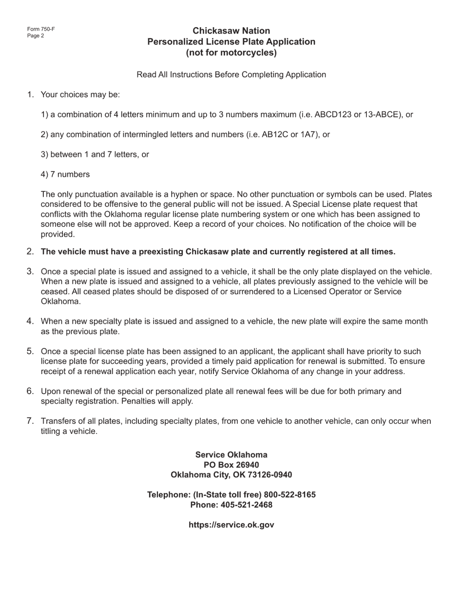 Form 750-F Chickasaw Nation Personalized License Plate Application (Not for Motorcycles) - Oklahoma, Page 2