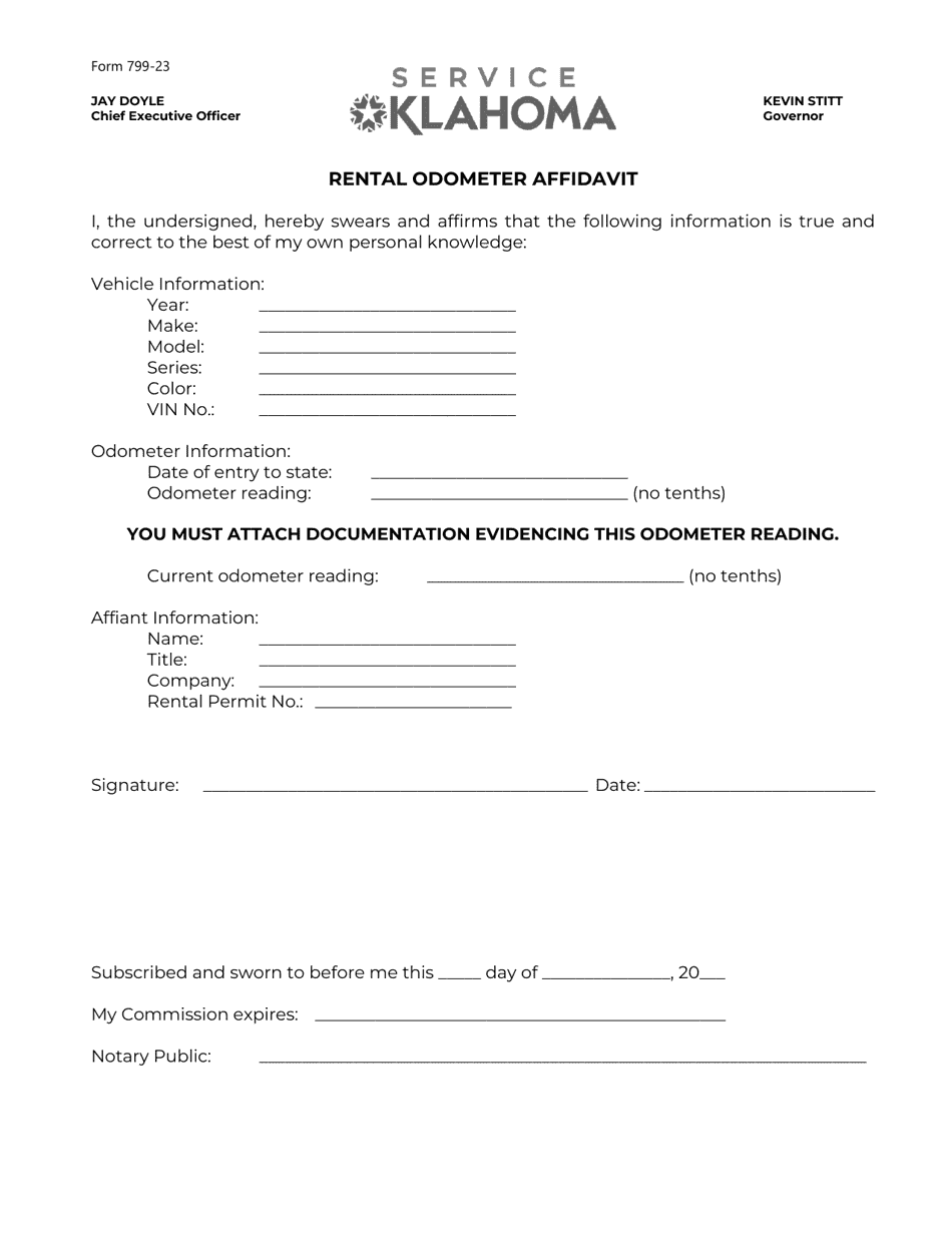 Form 799-23 Rental Odometer Affidavit - Oklahoma, Page 1