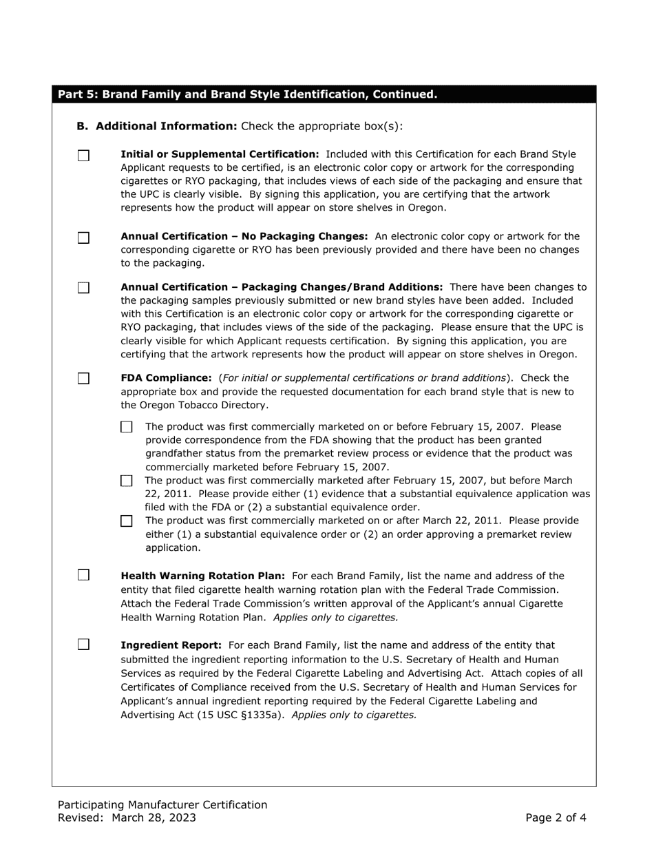 Participating Manufacturer Certification for Listing on the Oregon Tobacco Directory - Oregon, Page 2