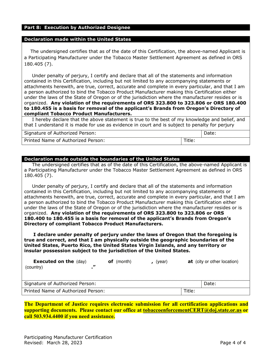 Participating Manufacturer Certification for Listing on the Oregon Tobacco Directory - Oregon, Page 4