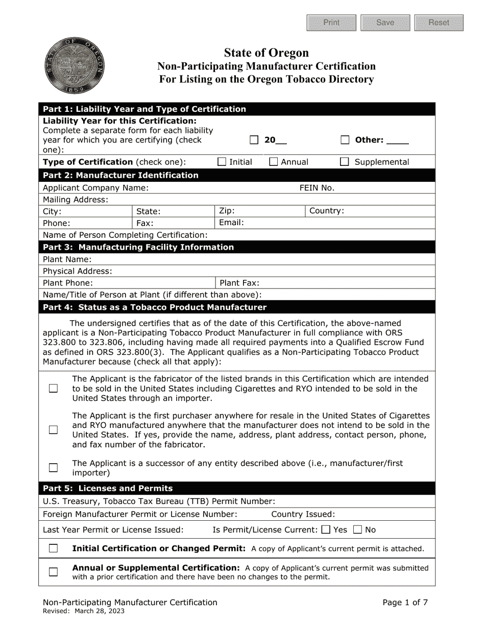 Non-participating Manufacturer Certification for Listing on the Oregon Tobacco Directory - Oregon, Page 1