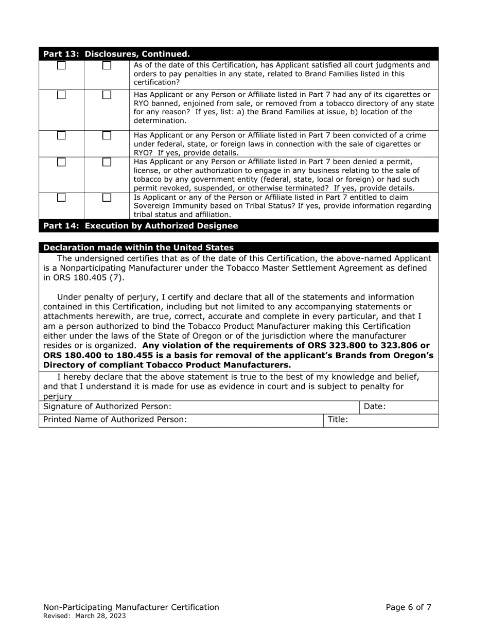 Non-participating Manufacturer Certification for Listing on the Oregon Tobacco Directory - Oregon, Page 6