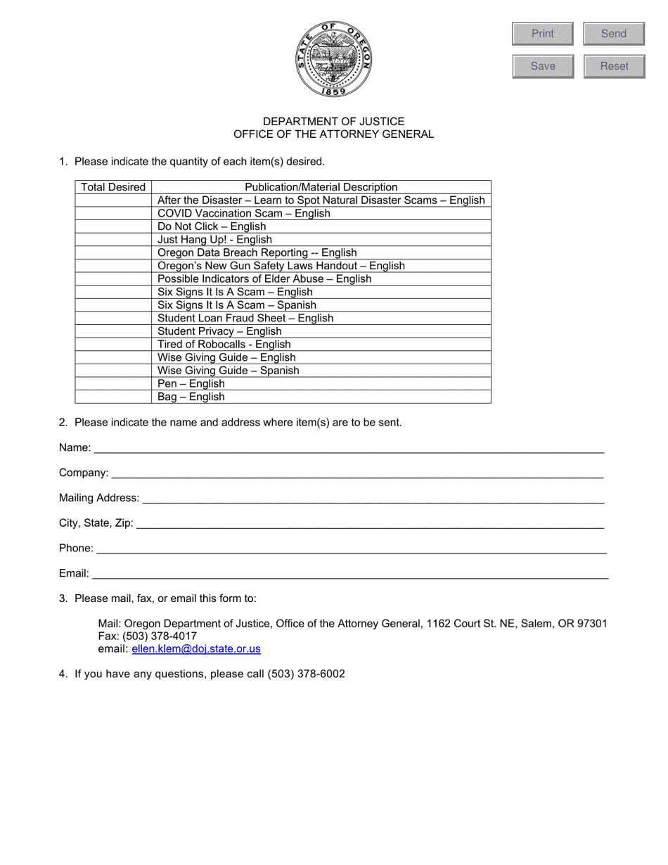 Consumer Protection Materials Order Form - Oregon, Page 1