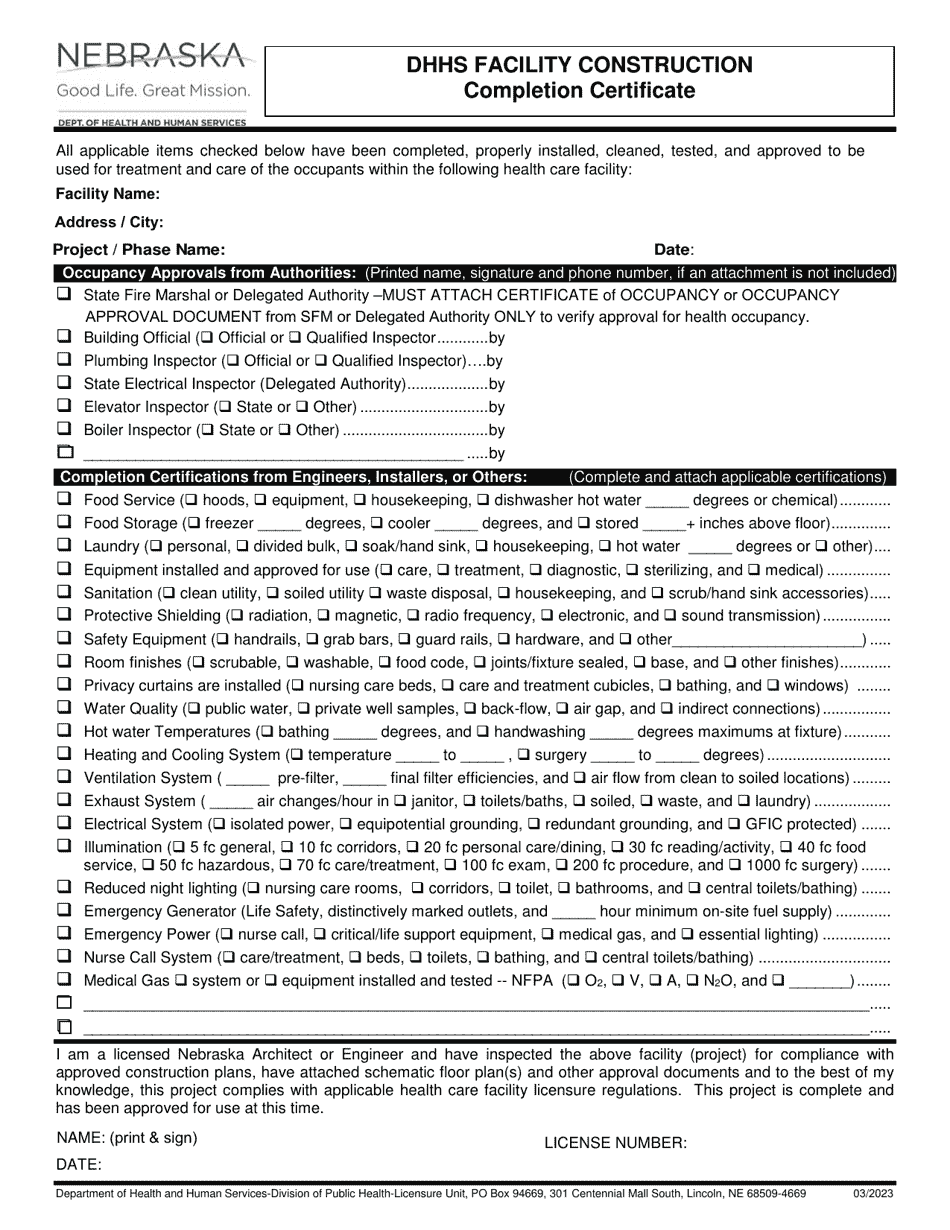 Dhhs Facility Construction Completion Certificate - Nebraska, Page 1
