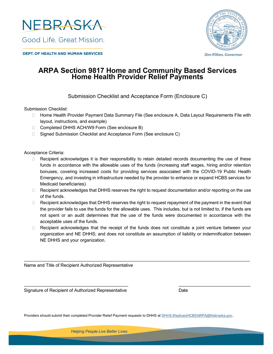 Enclosure C Submission Checklist and Acceptance Form - Arpa Section 9817 Home and Community Based Services Home Health Provider Relief Payments - Nebraska, Page 1
