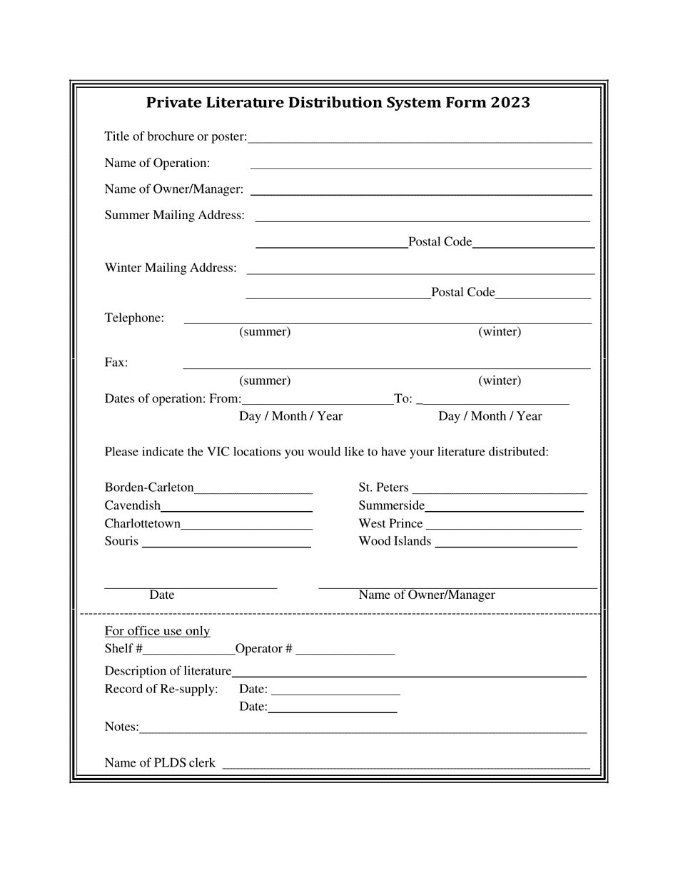 Private Literature Distribution System Form - Prince Edward Island, Canada, Page 1