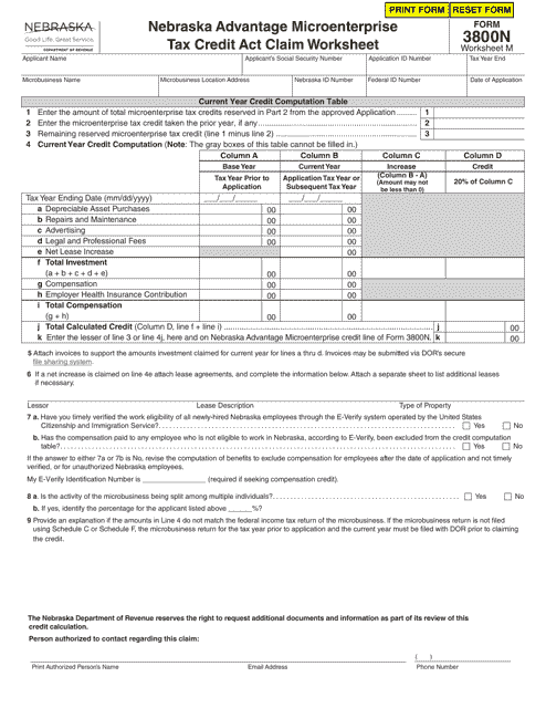 Form 3800N Worksheet M Nebraska Advantage Microenterprise Tax Credit Act Claim Worksheet - Nebraska