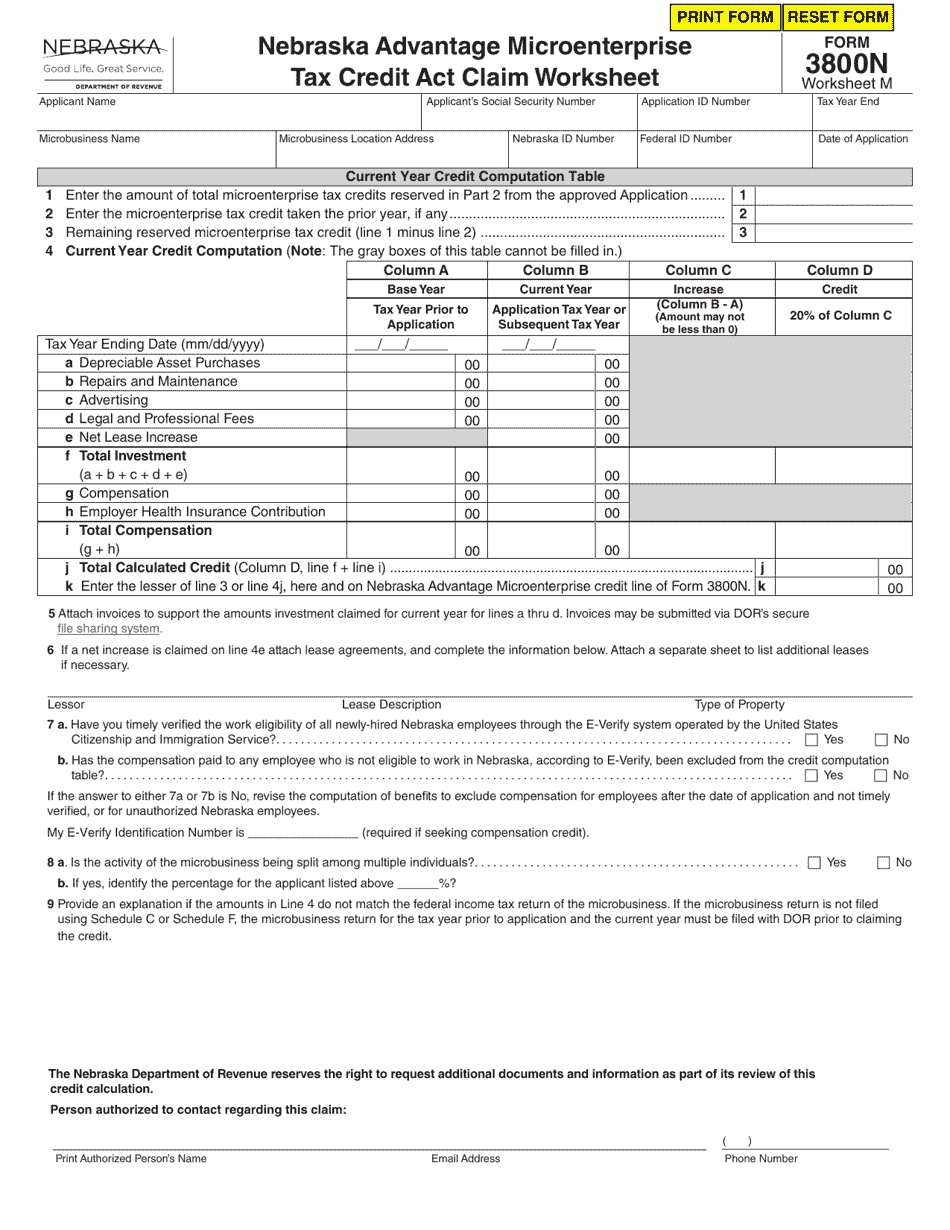 Form 3800N Worksheet M Nebraska Advantage Microenterprise Tax Credit Act Claim Worksheet - Nebraska, Page 1
