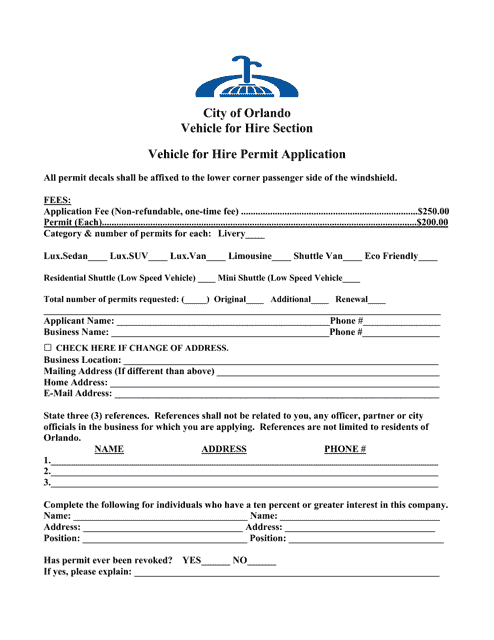 Vehicle for Hire Permit Application - City of Orlando, Florida