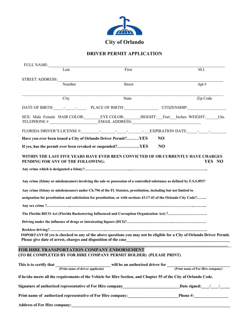 Driver Permit Application - City of Orlando, Florida