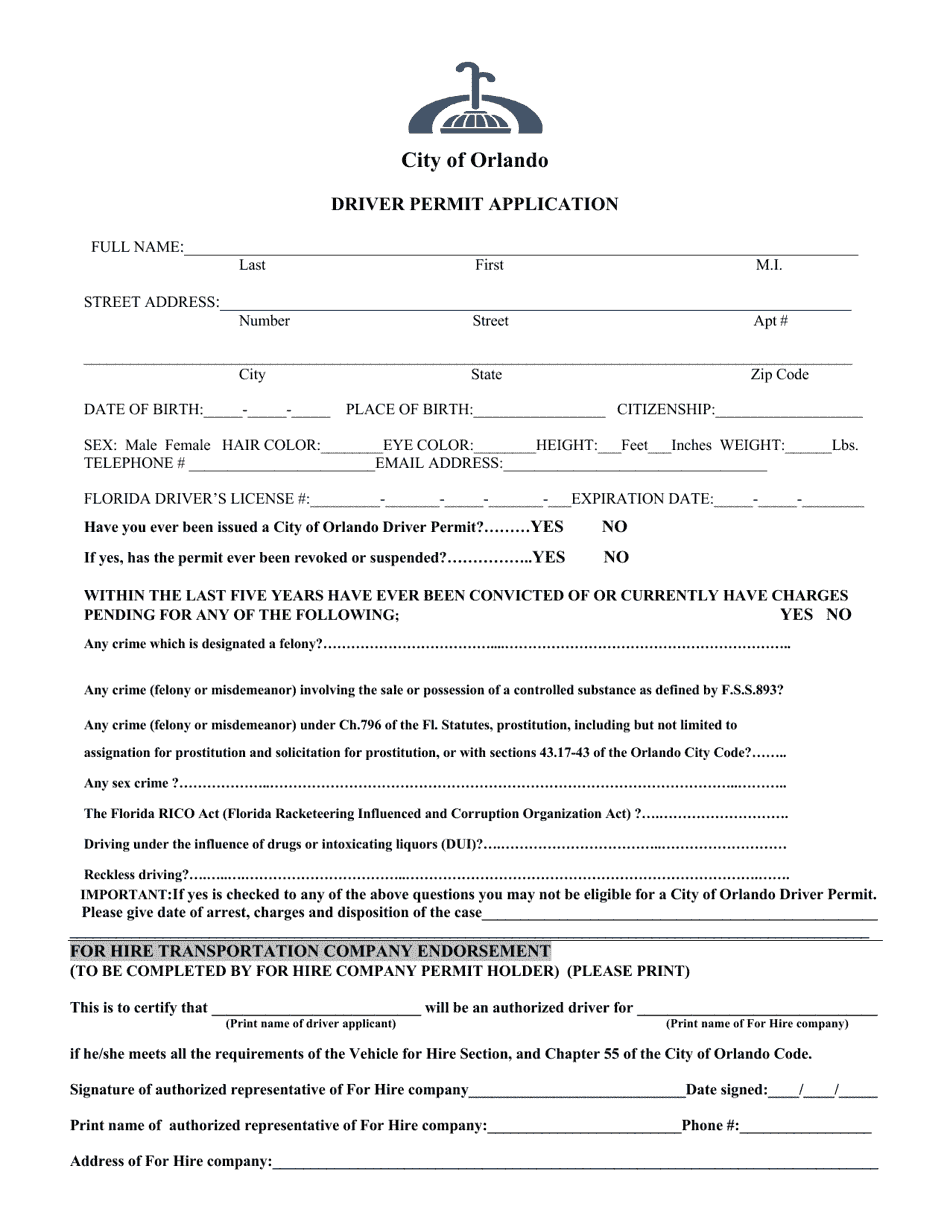 Driver Permit Application - City of Orlando, Florida, Page 1