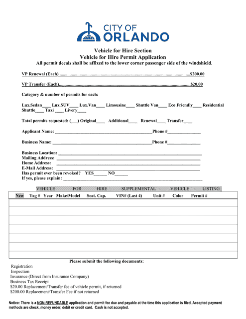 Vehicle for Hire Permit Application - Renew or Transfer - City of Orlando, Florida Download Pdf