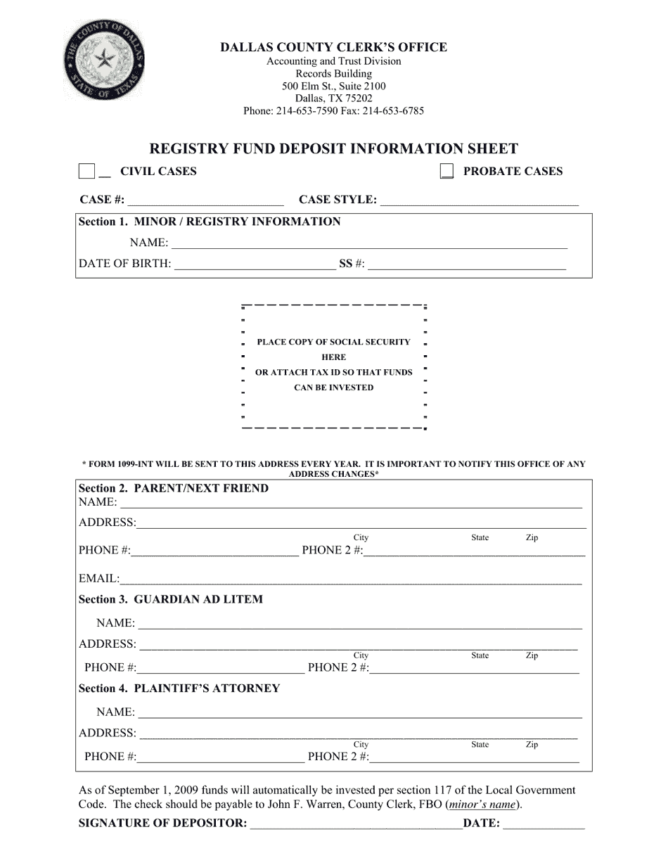 Registry Fund Deposit Information Sheet - Dallas County, Texas, Page 1