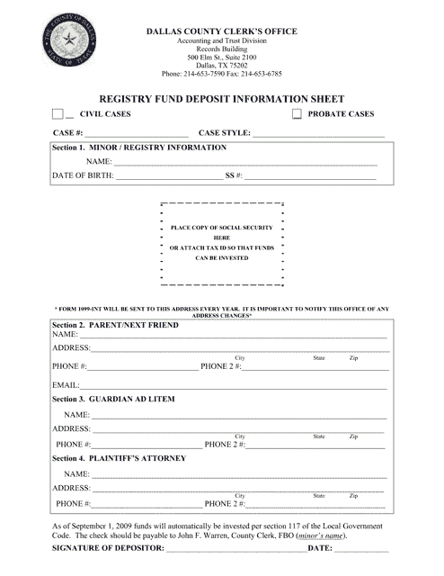 Registry Fund Deposit Information Sheet - Dallas County, Texas Download Pdf