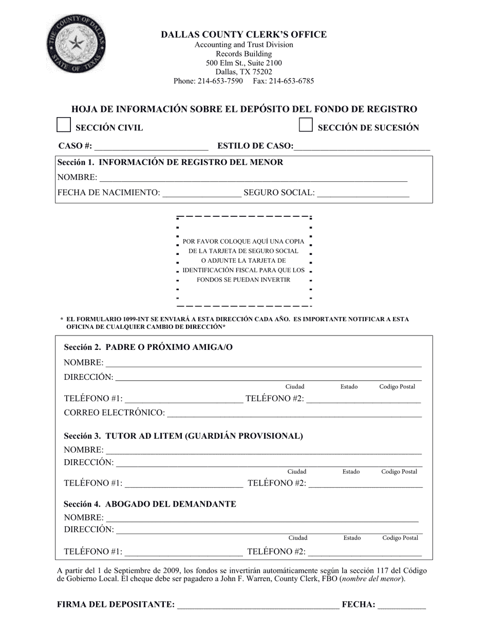 Hoja De Informacion Sobre El Deposito Del Fondo De Registro - Dallas County, Texas (Spanish), Page 1