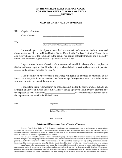 Waiver of Service of Summons - Texas Download Pdf