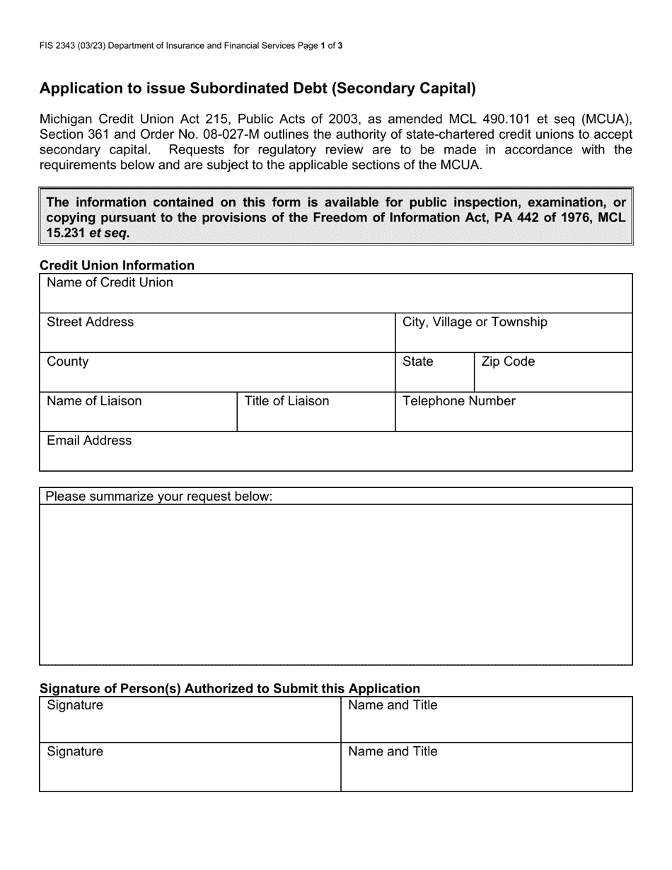 Form FIS2343 Application to Issue Subordinated Debt (Secondary Capital) - Michigan, Page 1