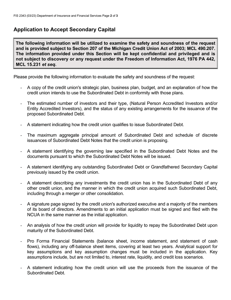Form FIS2343 Application to Issue Subordinated Debt (Secondary Capital) - Michigan, Page 2