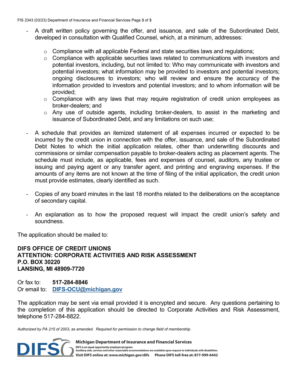 Form FIS2343 Application to Issue Subordinated Debt (Secondary Capital) - Michigan, Page 3