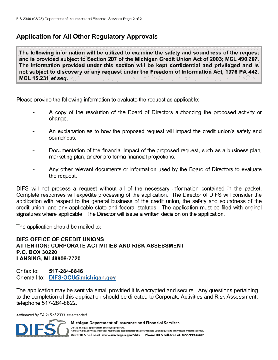 Form FIS2340 Application for All Other Regulatory Approvals - Michigan, Page 2