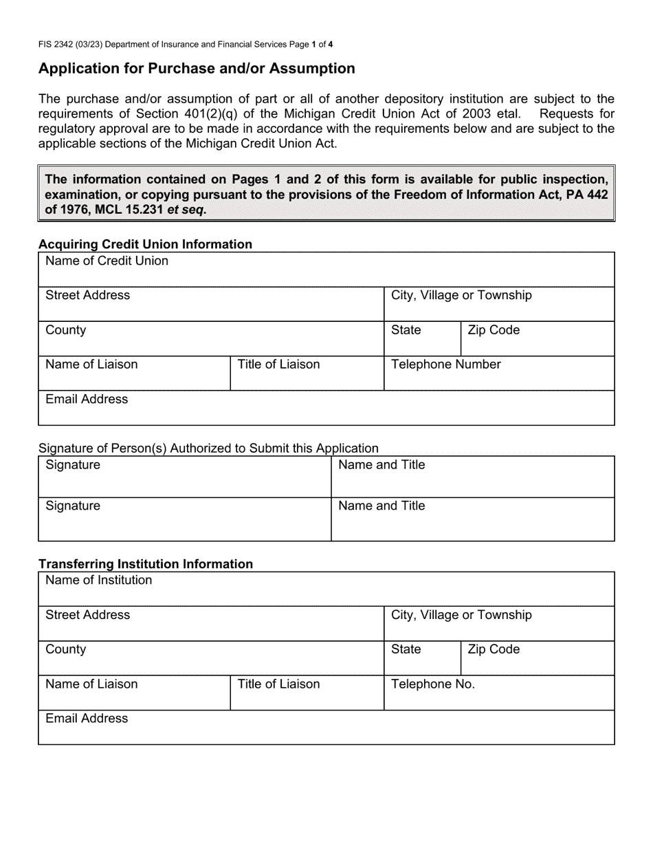 Form FIS2342 Application for Purchase and / or Assumption - Michigan, Page 1