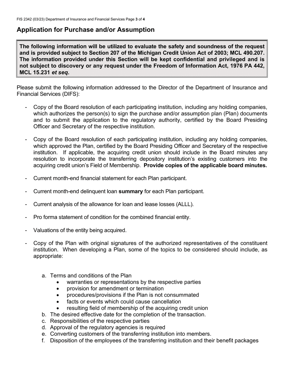 Form FIS2342 Application for Purchase and / or Assumption - Michigan, Page 3