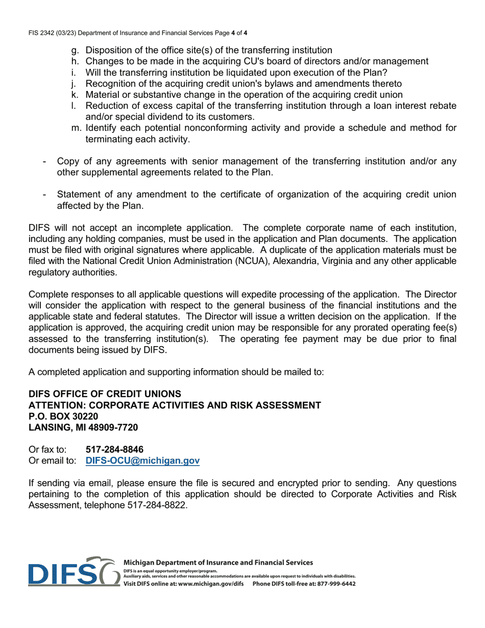 Form FIS2342 Application for Purchase and / or Assumption - Michigan, Page 4