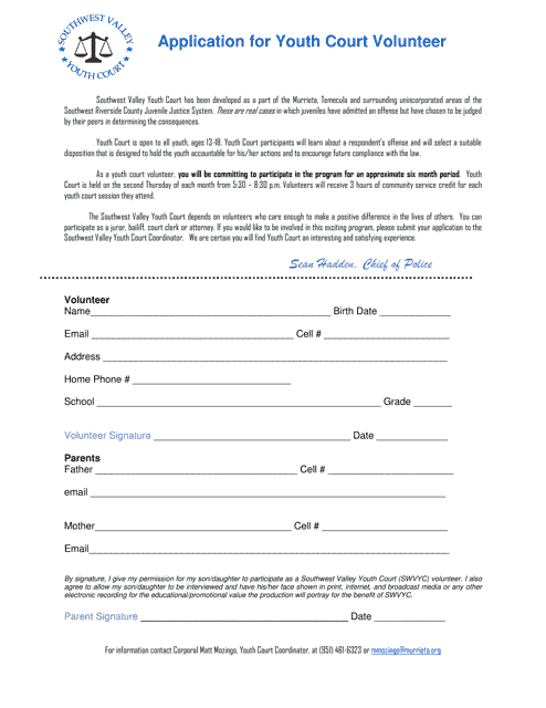 Application for Youth Court Volunteer - City of Murrieta, California Download Pdf