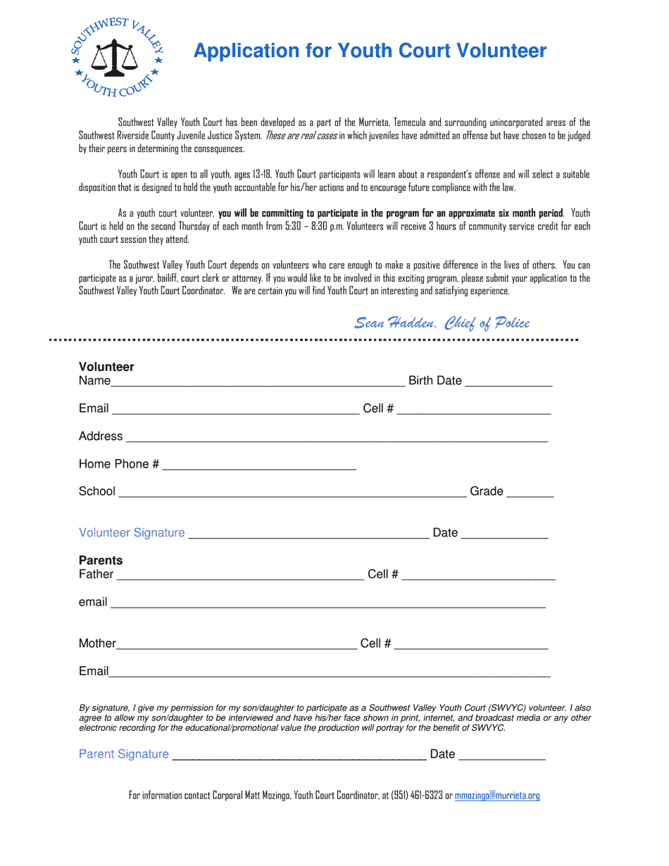 City of Murrieta, California Application for Youth Court Volunteer Fill Out, Sign Online and