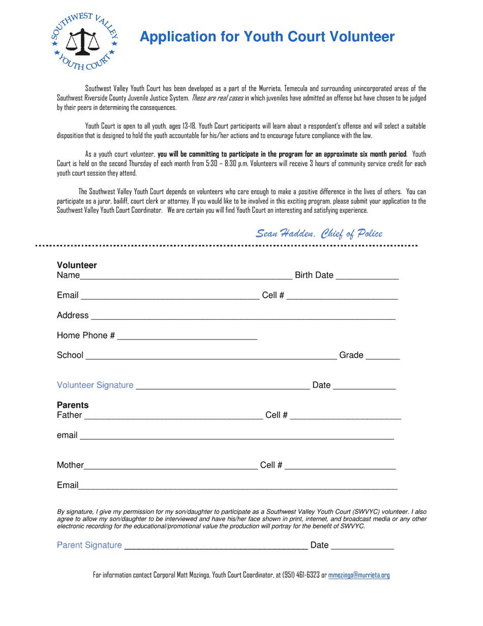 Application for Youth Court Volunteer - City of Murrieta, California, Page 1