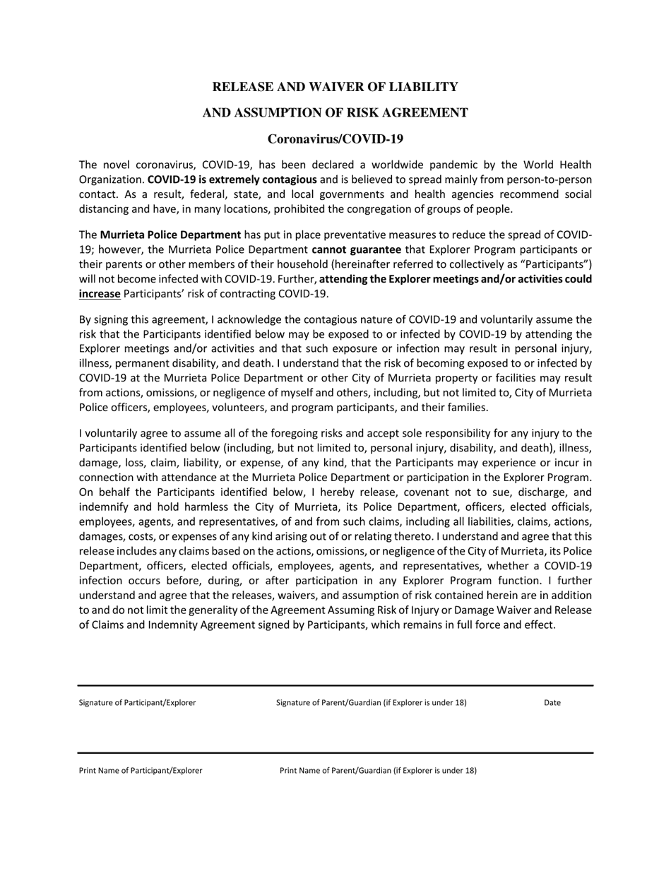 Release and Waiver of Liability and Assumption of Risk Agreement - Coronavirus / Covid-19 - City of Murrieta, California, Page 1