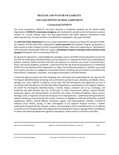 Release and Waiver of Liability and Assumption of Risk Agreement - Coronavirus / Covid-19 - City of Murrieta, California Download Pdf