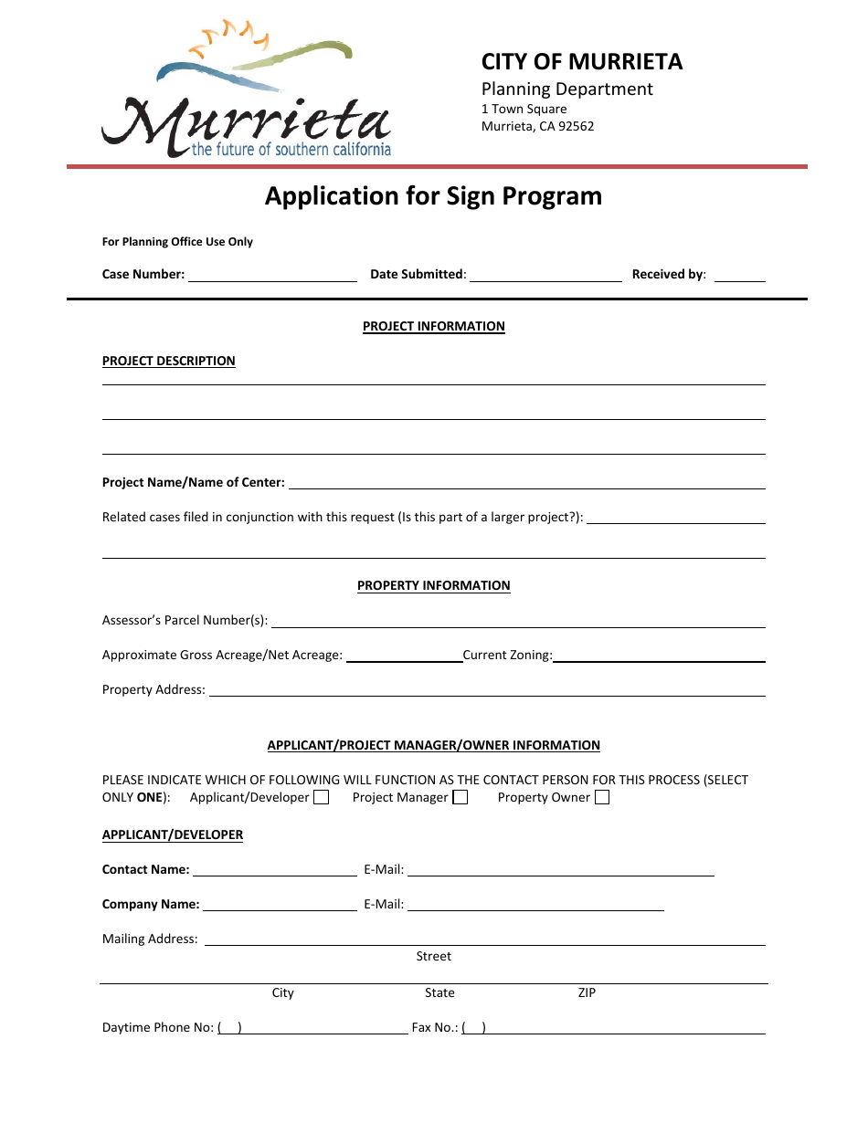Application for Sign Program - City of Murrieta, California, Page 1