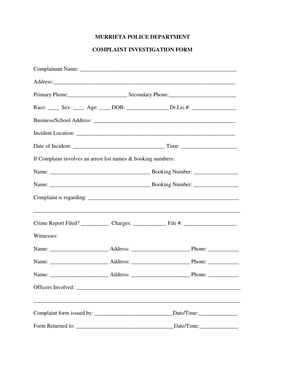 Complaint Investigation Form - City of Murrieta, California, Page 3