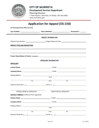 Document preview: Form DS-210 Application for Appeal - City of Murrieta, California