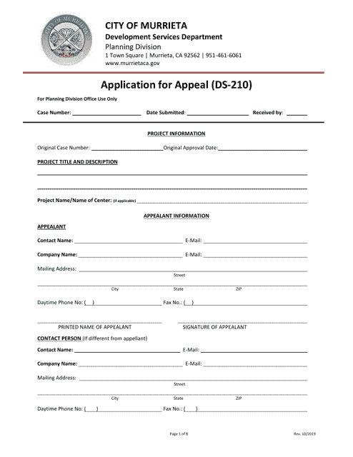 Form DS-210 Application for Appeal - City of Murrieta, California
