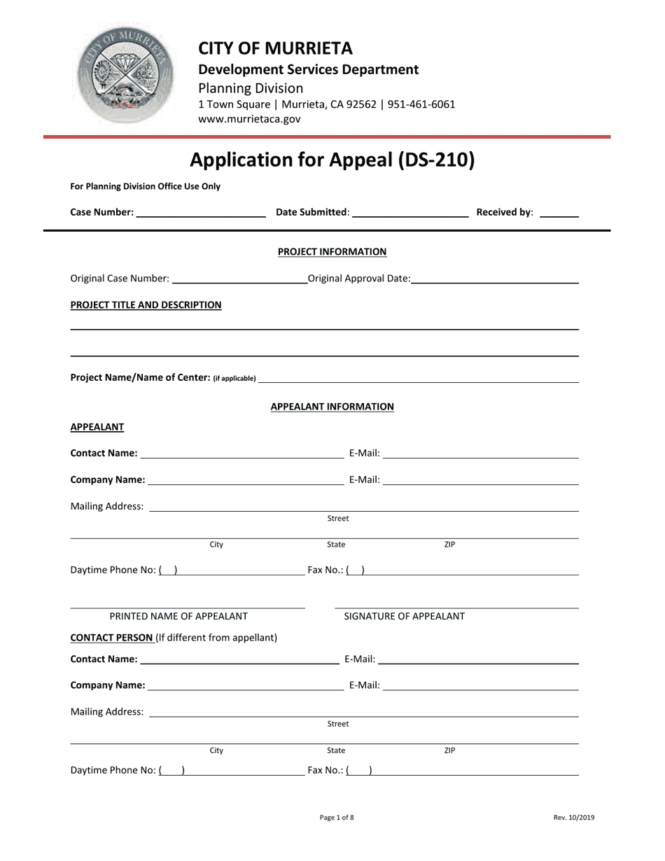 Form DS-210 Application for Appeal - City of Murrieta, California, Page 1