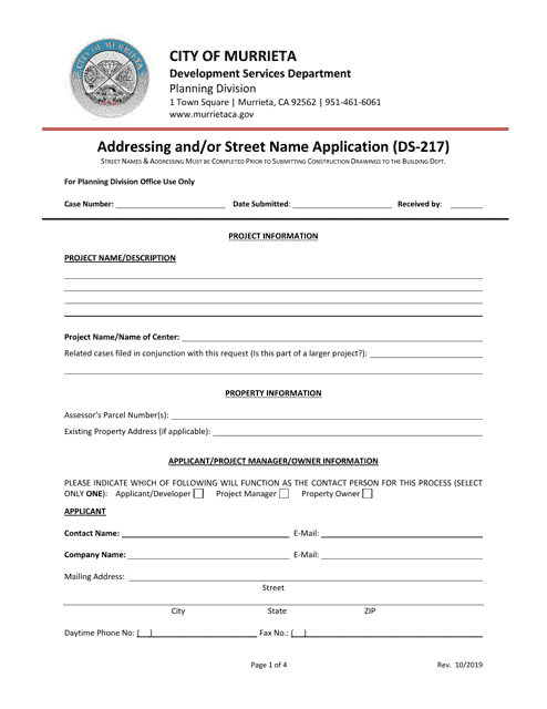 Form DS-217 Addressing and/or Street Name Application - City of Murrieta, California