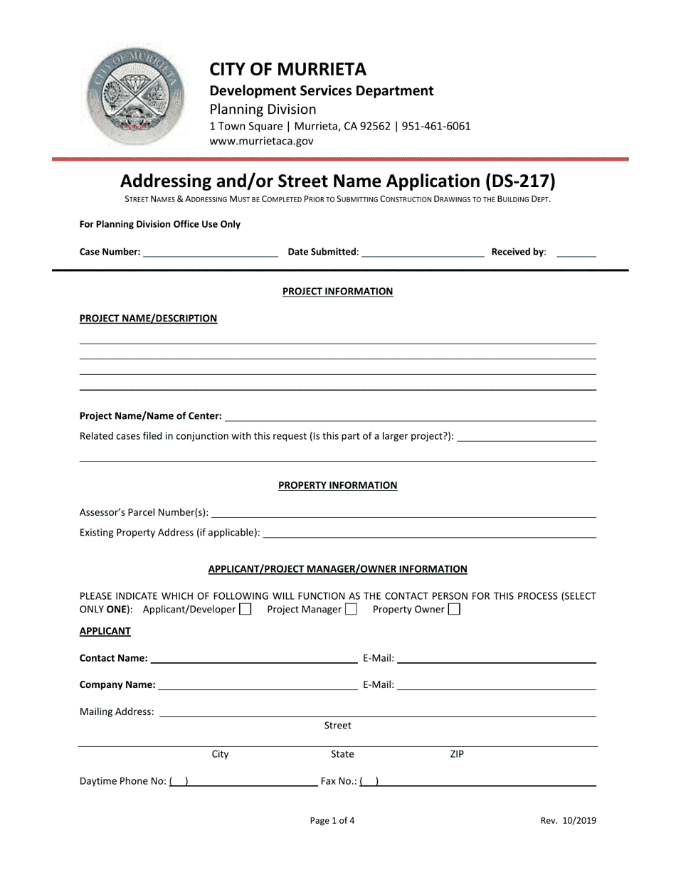 Form DS-217 Addressing and / or Street Name Application - City of Murrieta, California, Page 1