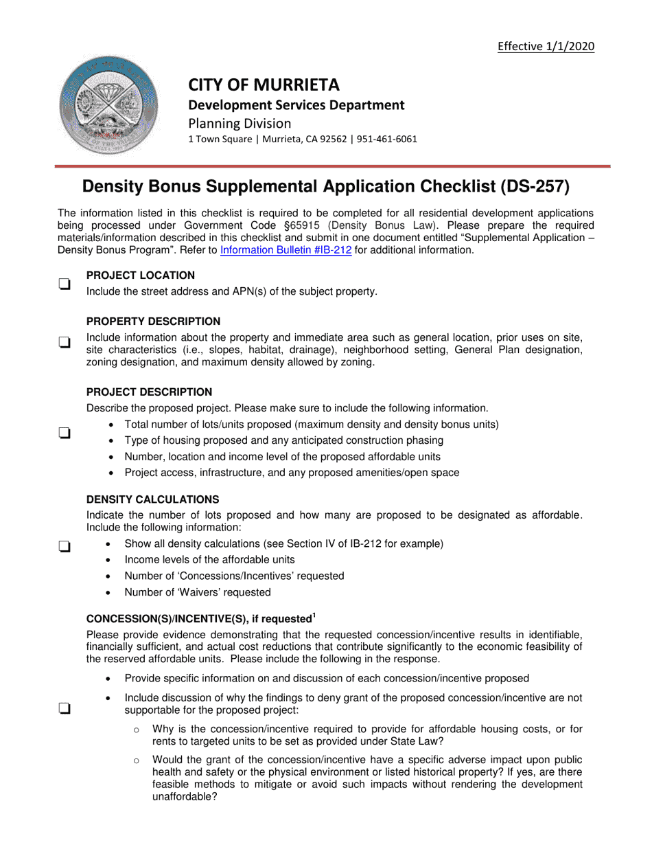Form DS-257 Density Bonus Supplemental Application Checklist - City of Murrieta, California, Page 1