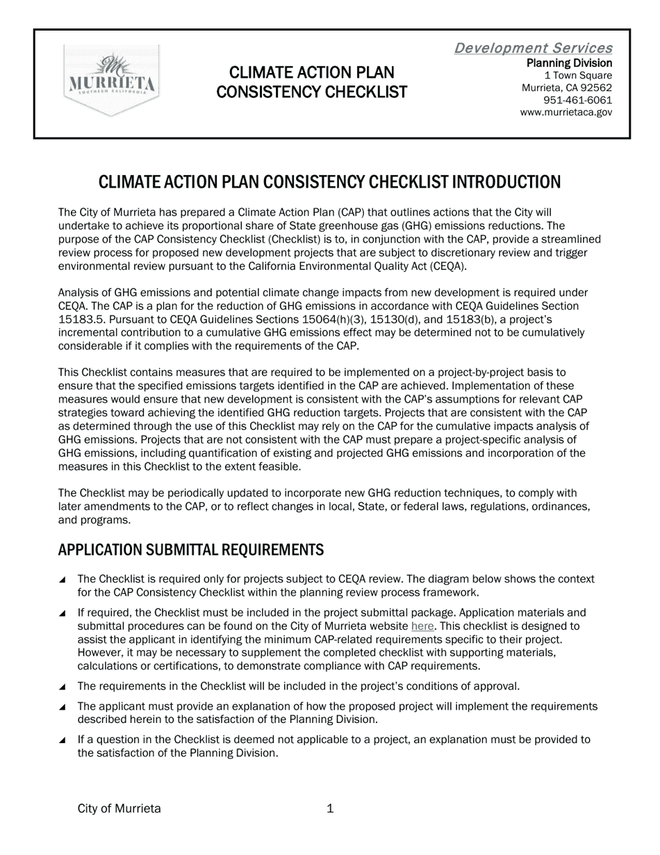 Climate Action Plan Consistency Checklist - City of Murrieta, California, Page 1