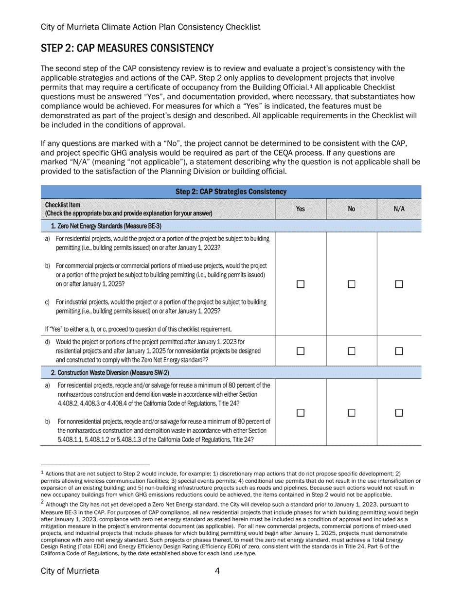 Climate Action Plan Consistency Checklist - City of Murrieta, California, Page 4