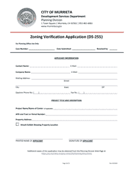 Document preview: Form DS-255 Zoning Verification Application - City of Murrieta, California