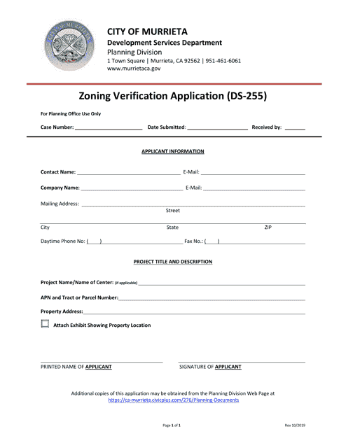 Form DS-255 Zoning Verification Application - City of Murrieta, California