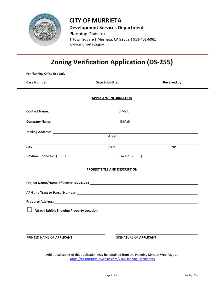 Form DS-255 Zoning Verification Application - City of Murrieta, California, Page 1