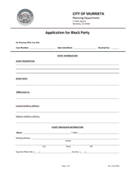 Document preview: Application for Block Party - City of Murrieta, California