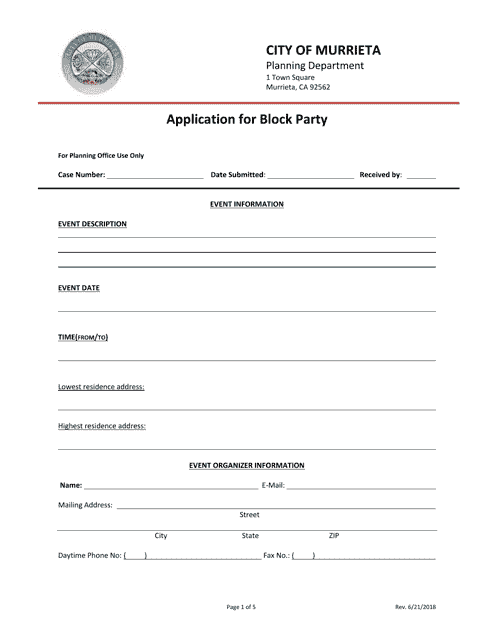 Application for Block Party - City of Murrieta, California